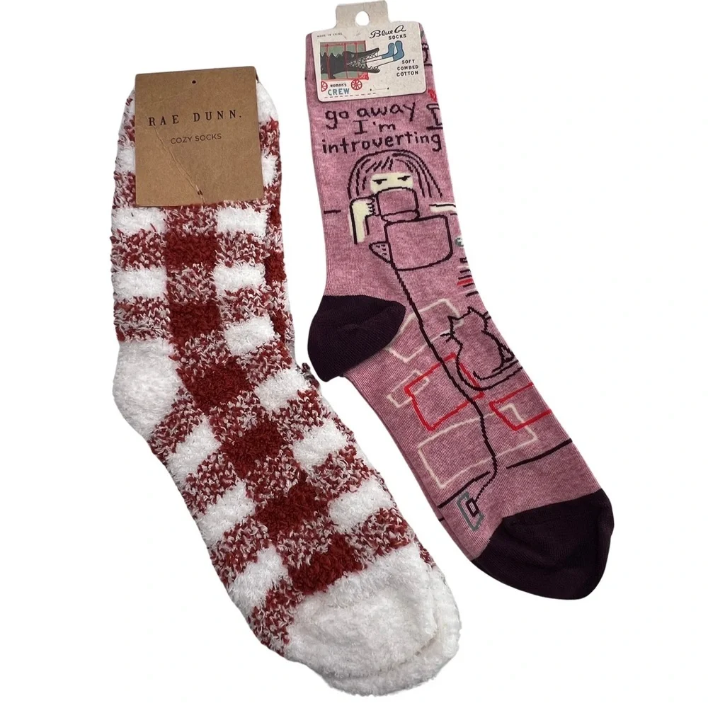 Socks Lot Rae Dunn Buffalo Plaid + Blue Q Introvert White Rust Pink Purple 4-10